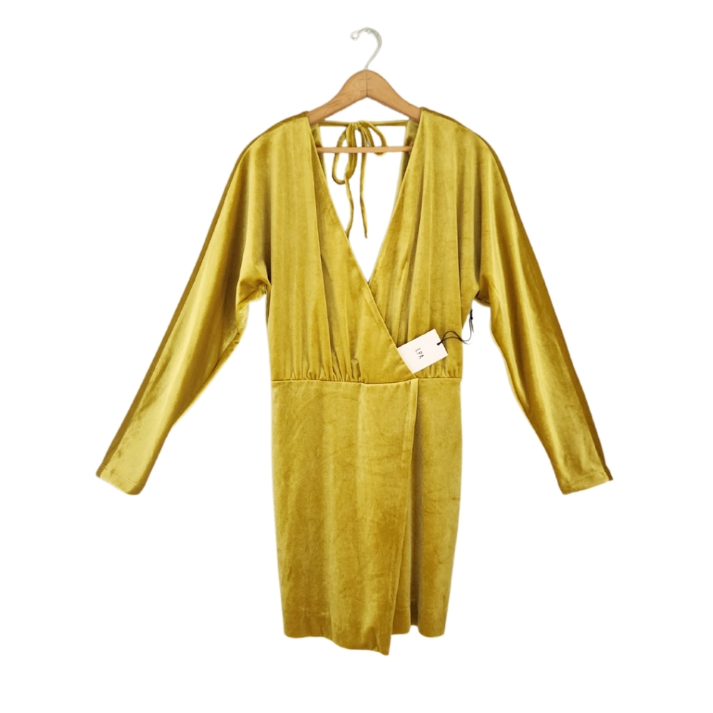 LPA Long Sleeve Yellow Velvet Faux Wrap Dress NWT
